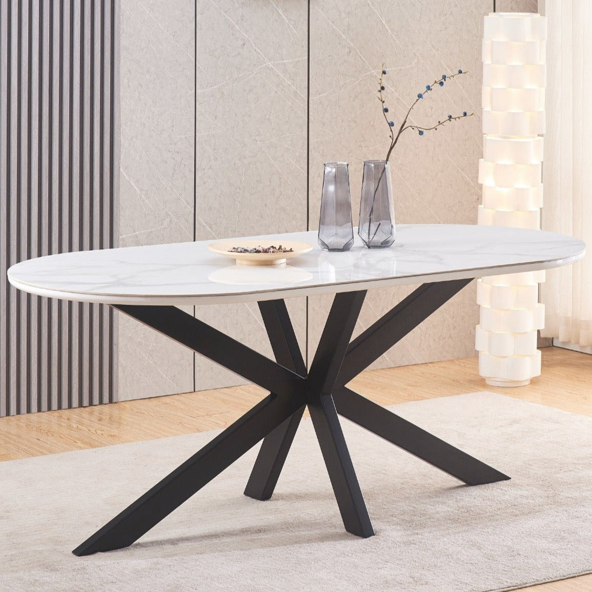 Mesa de comedor Manon – 200×90 cm – Cerámica mármol blanco con patas de metal negro