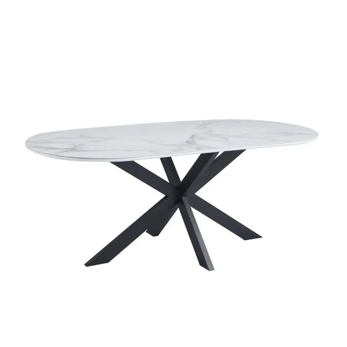 Mesa de comedor Manon – 200×90 cm – Cerámica mármol blanco con patas de metal negro