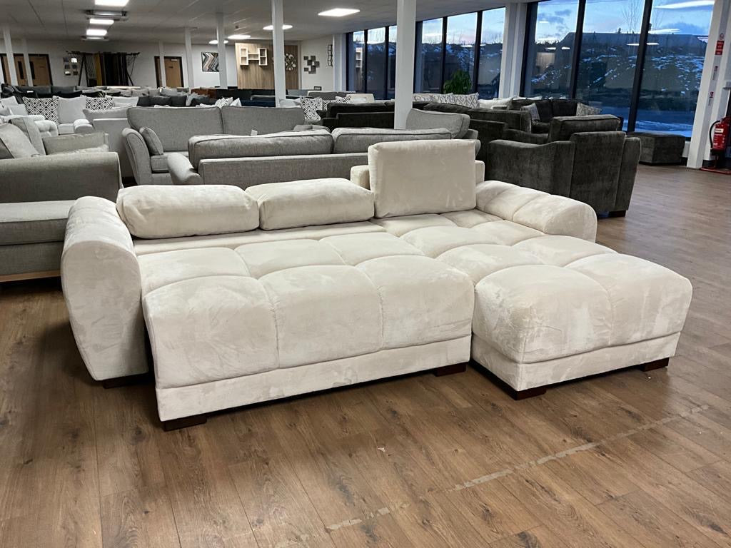 Sofá esquinero convertible Stella – Almacenamiento integrado (terciopelo crema o gris)